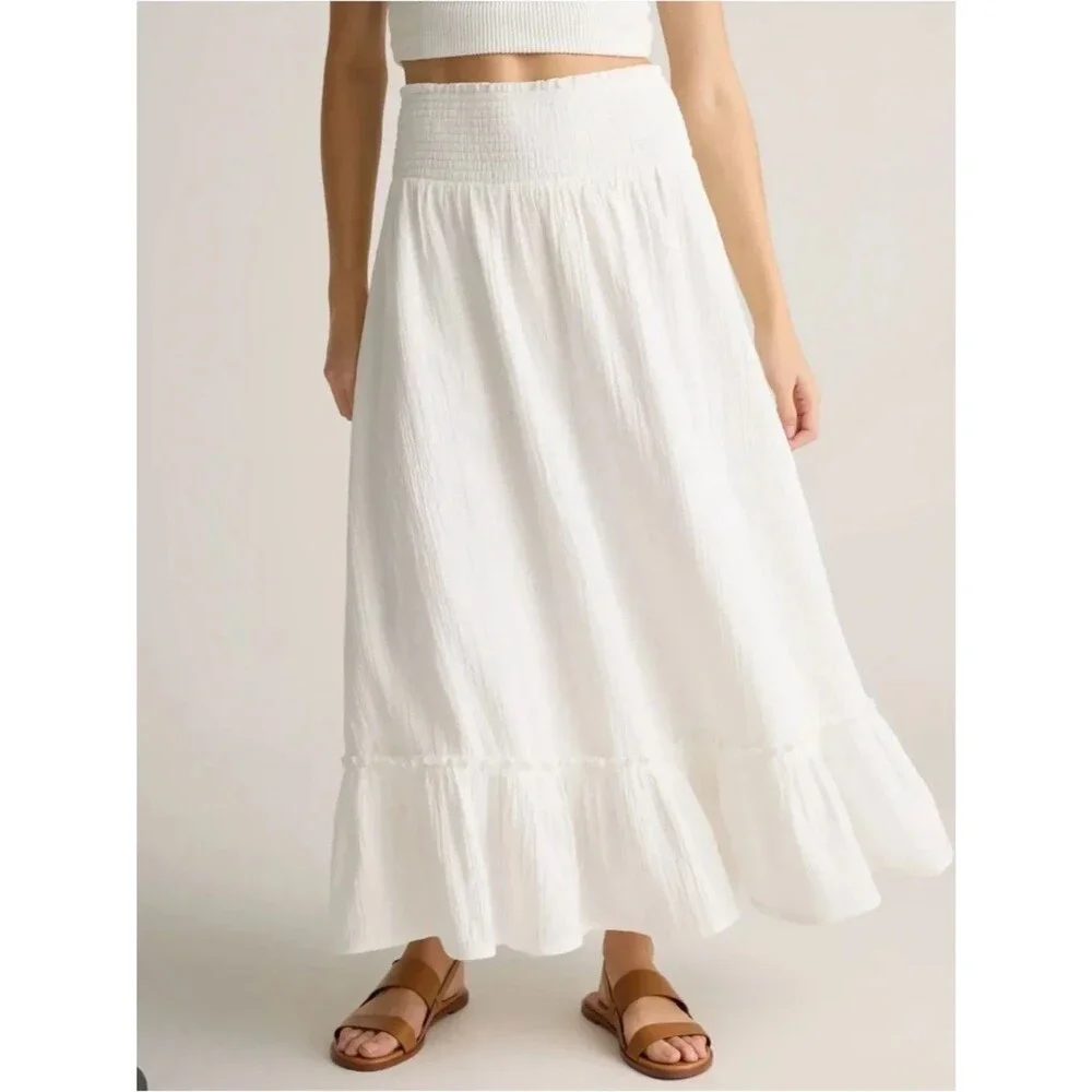 Quince 100% Organic Cotton Gauze Smocked Maxi Skirt / White / S - Picture 2 of 3